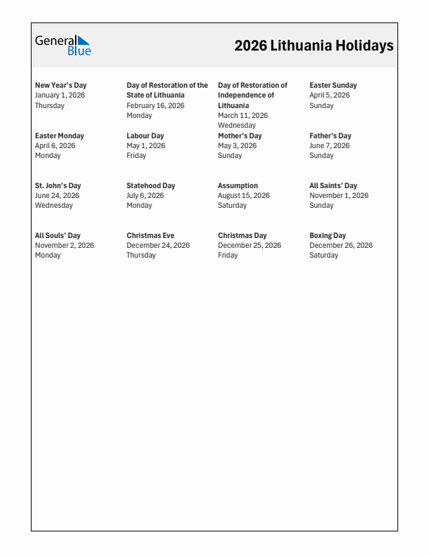 Free printable list of Lithuania holidays for year 2026