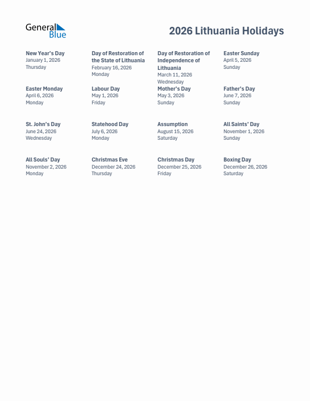 Free printable list of Lithuania holidays for year 2026