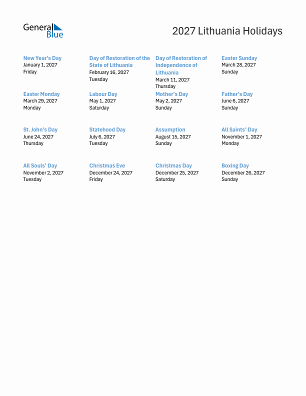 Free printable list of Lithuania holidays for year 2027