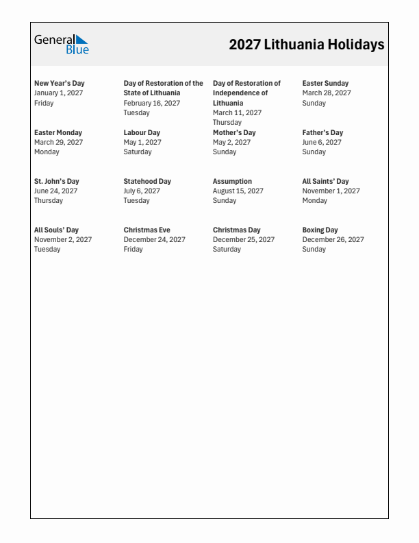 Free printable list of Lithuania holidays for year 2027