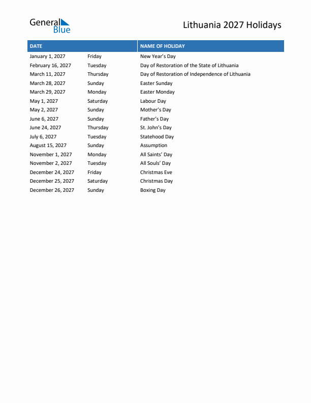 Free printable list of Lithuania holidays for year 2027