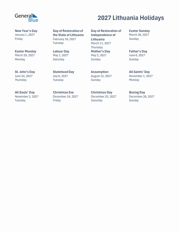 Free printable list of Lithuania holidays for year 2027