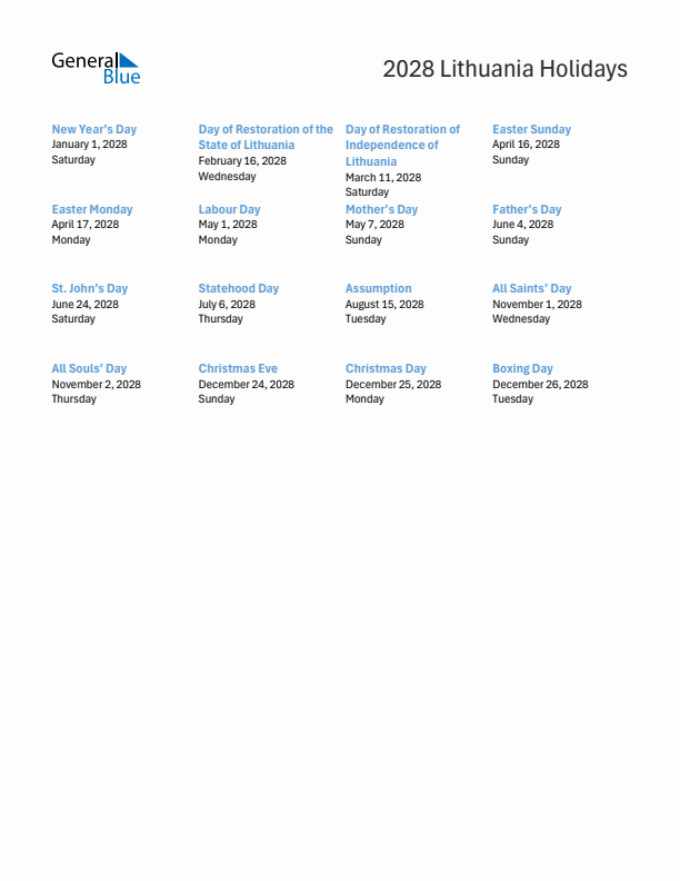 Free printable list of Lithuania holidays for year 2028