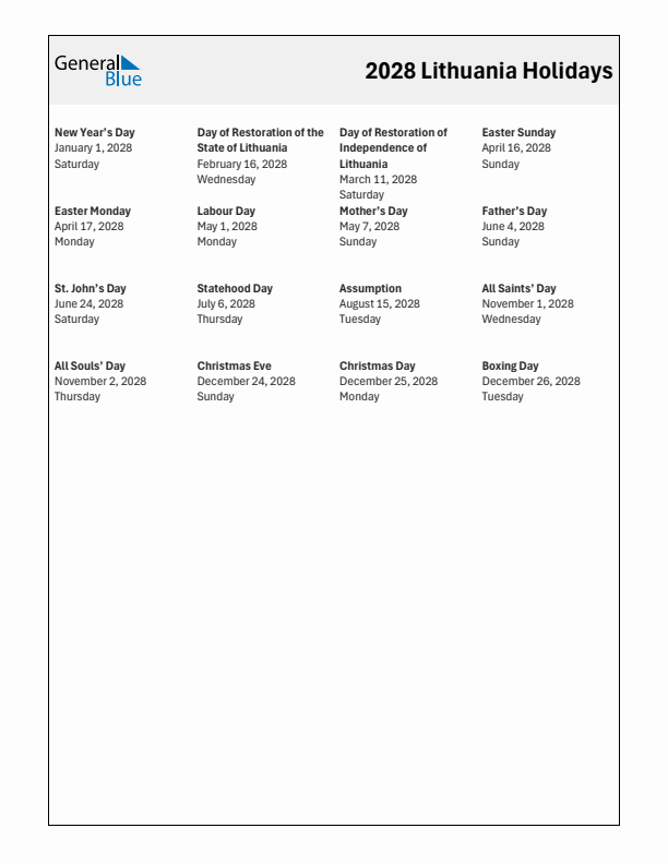 Free printable list of Lithuania holidays for year 2028