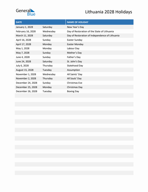 Free printable list of Lithuania holidays for year 2028