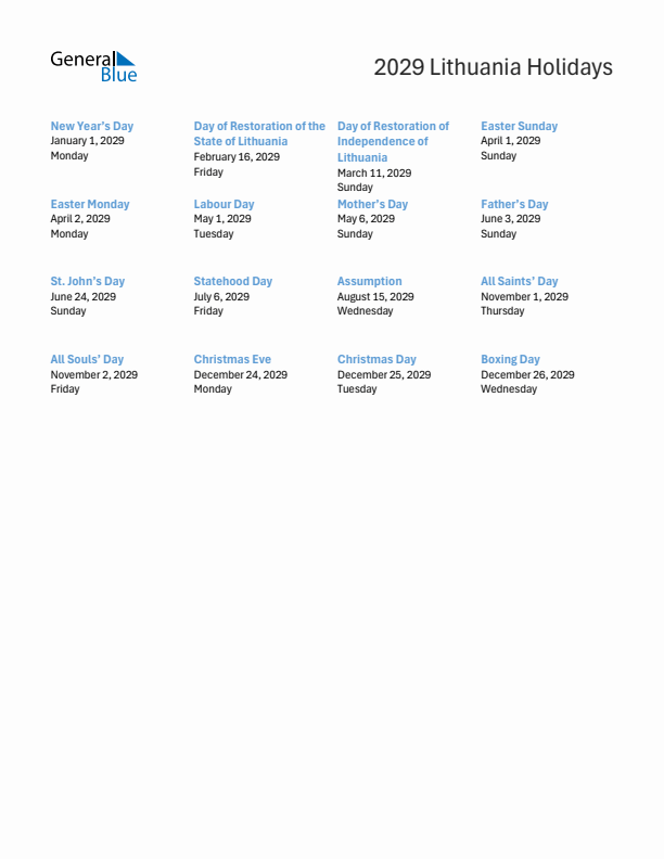 Free printable list of Lithuania holidays for year 2029