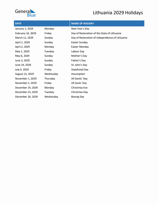 Free printable list of Lithuania holidays for year 2029