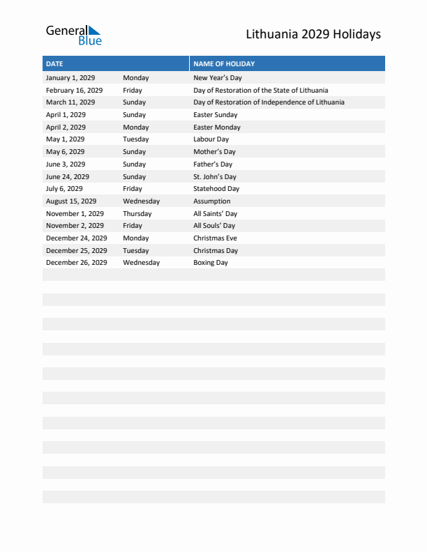 Free printable list of Lithuania holidays for year 2029