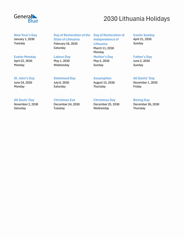 Free printable list of Lithuania holidays for year 2030