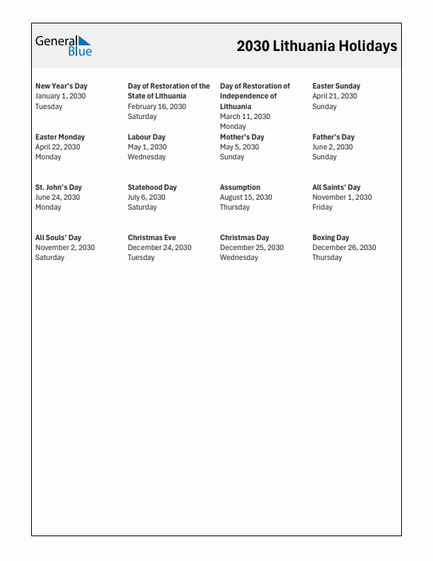 Free printable list of Lithuania holidays for year 2030