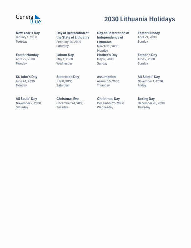 Free printable list of Lithuania holidays for year 2030