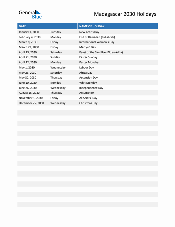 Free printable list of Madagascar holidays for year 2030