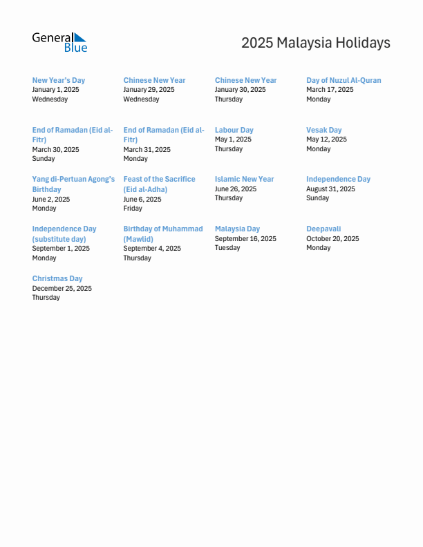 Free printable list of Malaysia holidays for year 2025