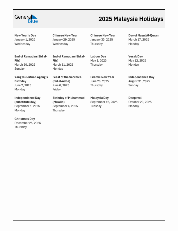 Free printable list of Malaysia holidays for year 2025