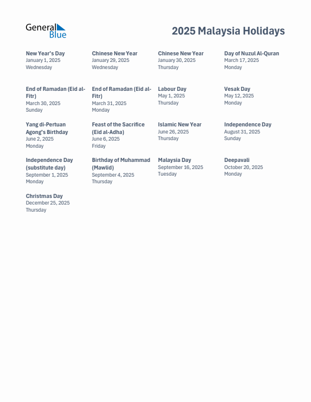 Free printable list of Malaysia holidays for year 2025