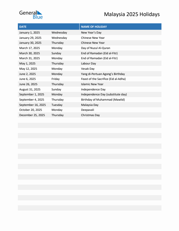 Free printable list of Malaysia holidays for year 2025