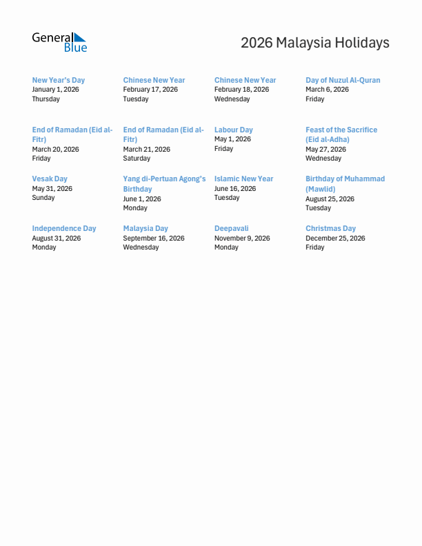 Free printable list of Malaysia holidays for year 2026