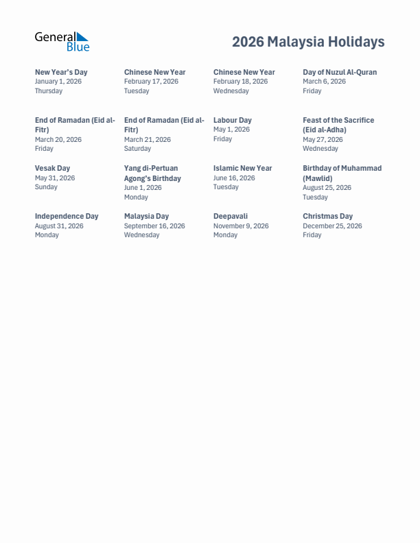 Free printable list of Malaysia holidays for year 2026