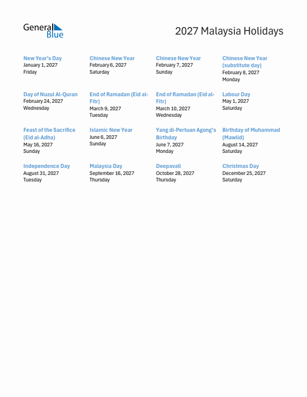Free printable list of Malaysia holidays for year 2027
