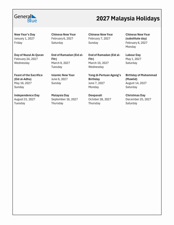 Free printable list of Malaysia holidays for year 2027