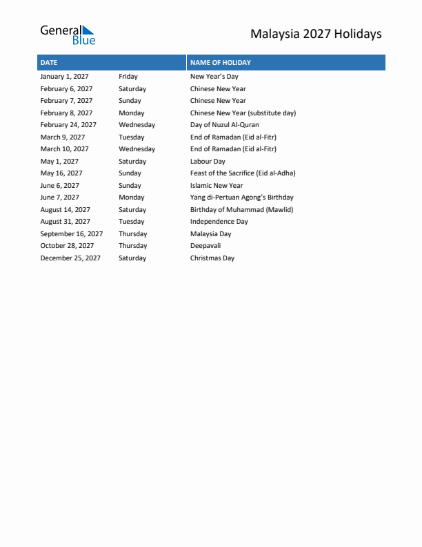 Free printable list of Malaysia holidays for year 2027