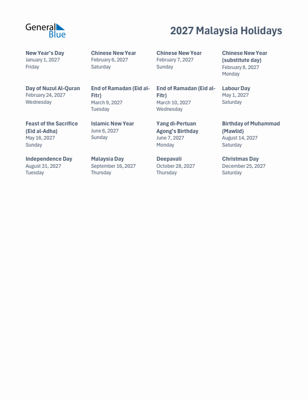 Free printable list of Malaysia holidays for year 2027