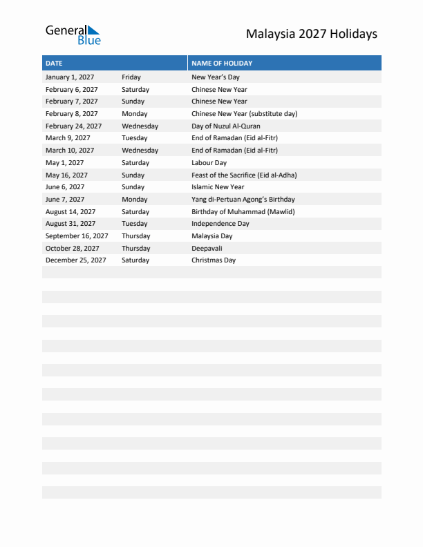 Free printable list of Malaysia holidays for year 2027