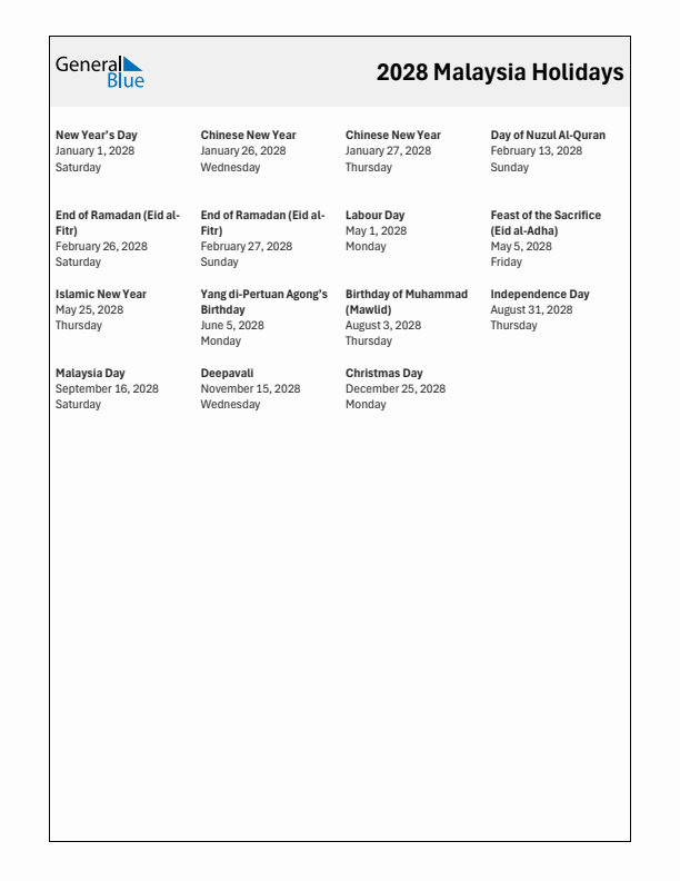 Free printable list of Malaysia holidays for year 2028