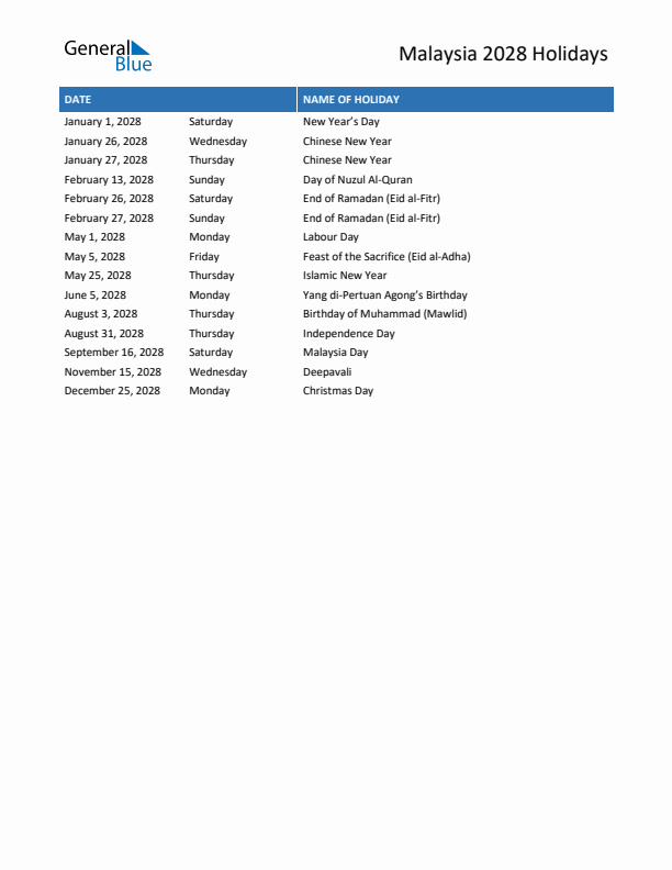 Free printable list of Malaysia holidays for year 2028
