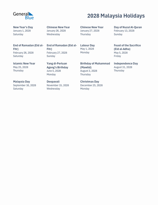Free printable list of Malaysia holidays for year 2028