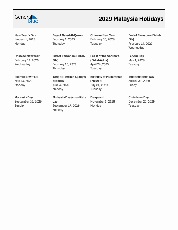 Free printable list of Malaysia holidays for year 2029
