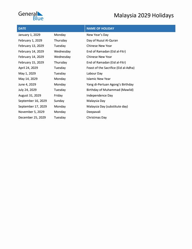 Free printable list of Malaysia holidays for year 2029