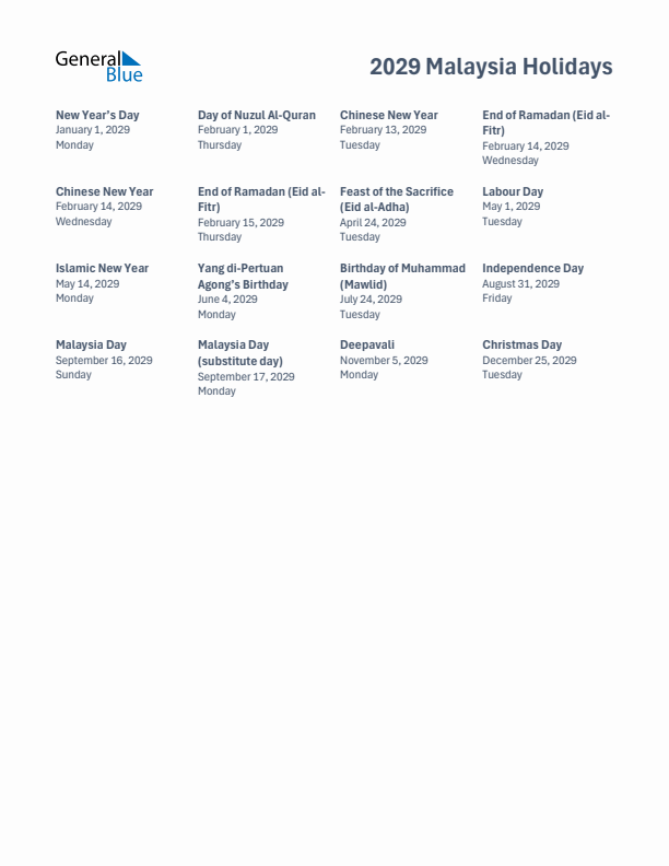 Free printable list of Malaysia holidays for year 2029