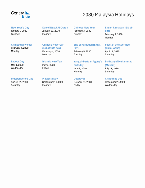 Free printable list of Malaysia holidays for year 2030