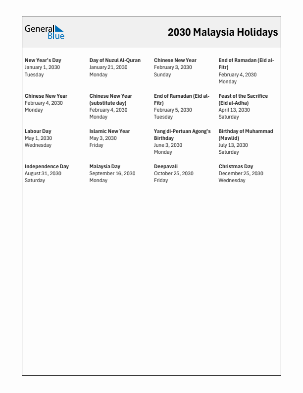 Free printable list of Malaysia holidays for year 2030