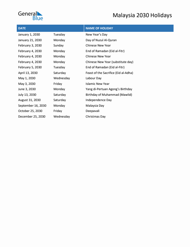 Free printable list of Malaysia holidays for year 2030