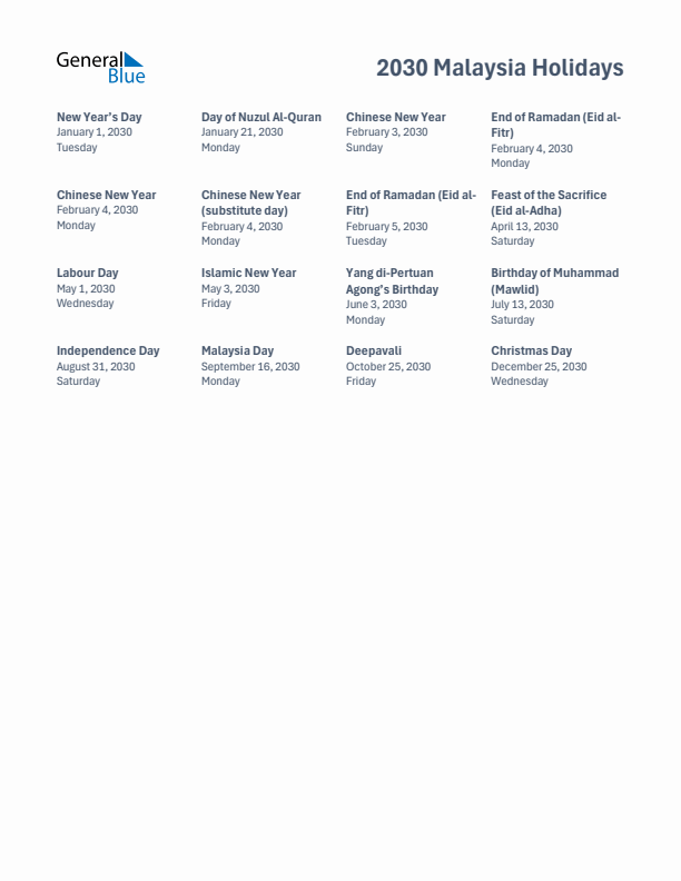Free printable list of Malaysia holidays for year 2030