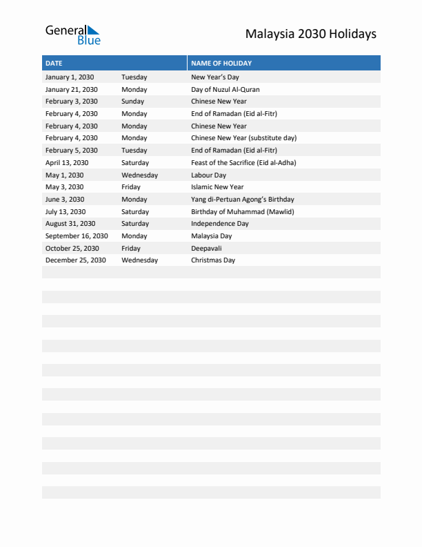 Free printable list of Malaysia holidays for year 2030