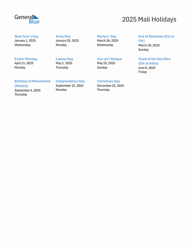 Free printable list of Mali holidays for year 2025
