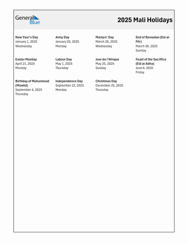 Free printable list of Mali holidays for year 2025