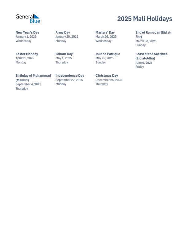 Free printable list of Mali holidays for year 2025