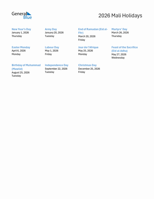 Free printable list of Mali holidays for year 2026