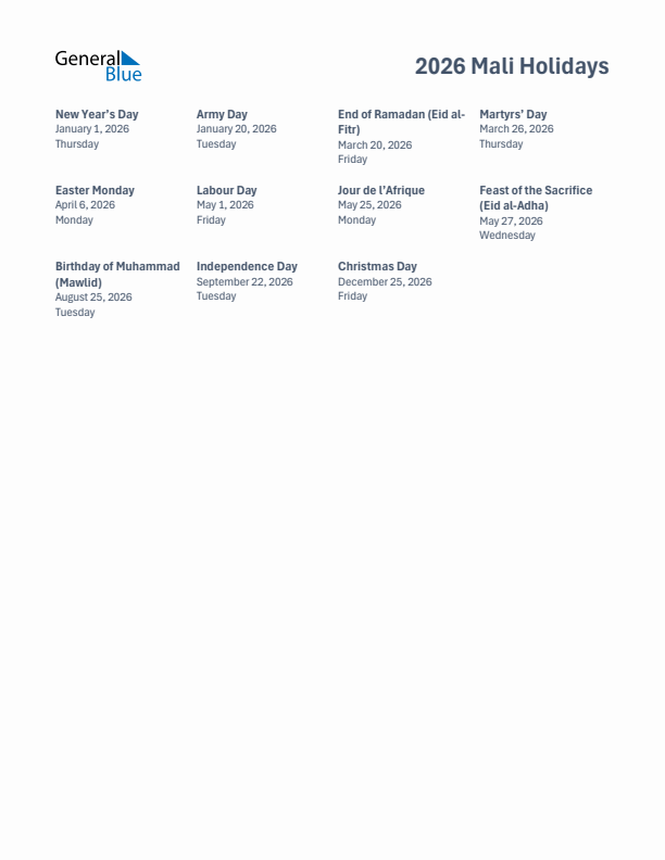 Free printable list of Mali holidays for year 2026