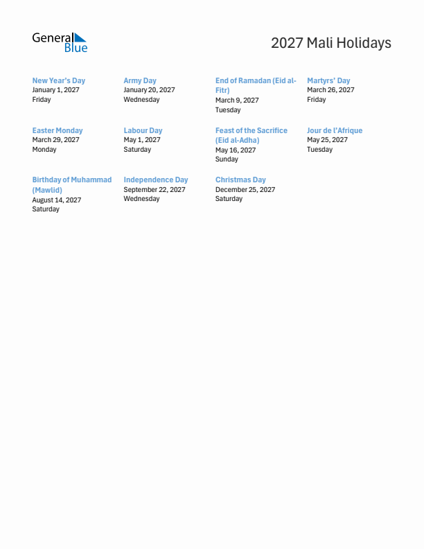 Free printable list of Mali holidays for year 2027