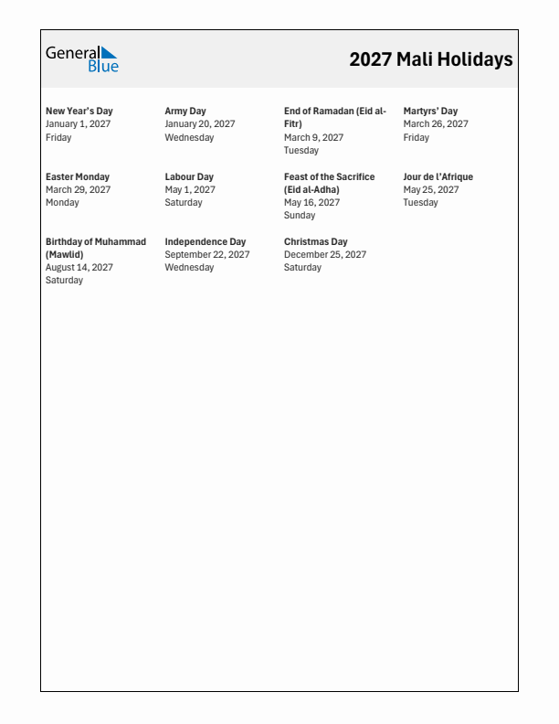 Free printable list of Mali holidays for year 2027