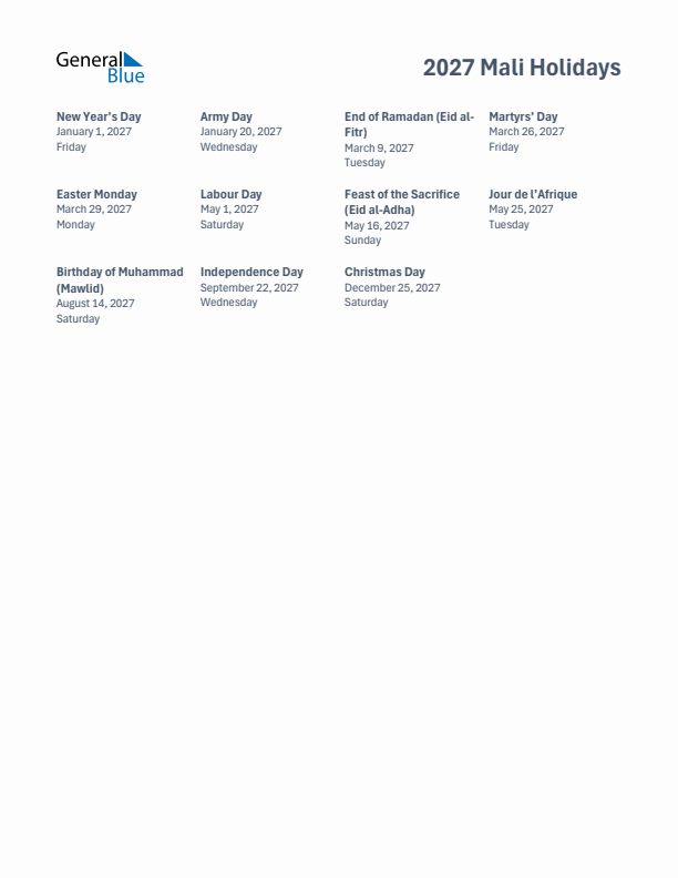 Free printable list of Mali holidays for year 2027