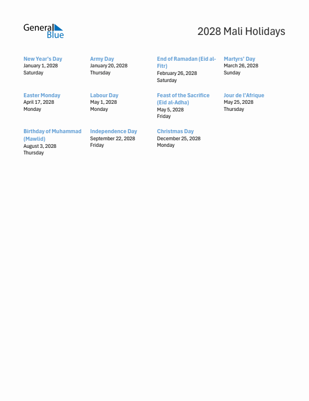 Free printable list of Mali holidays for year 2028