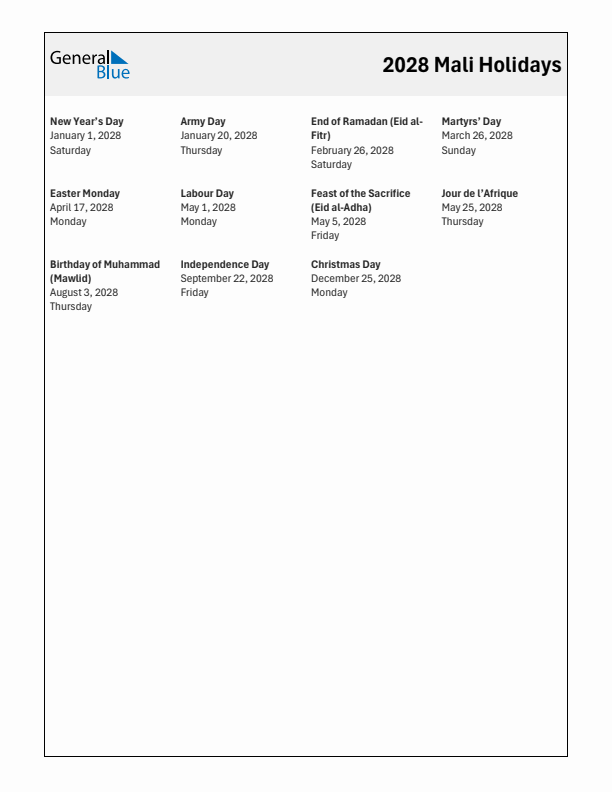 Free printable list of Mali holidays for year 2028