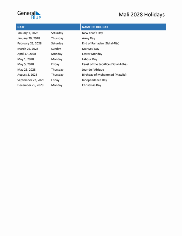 Free printable list of Mali holidays for year 2028