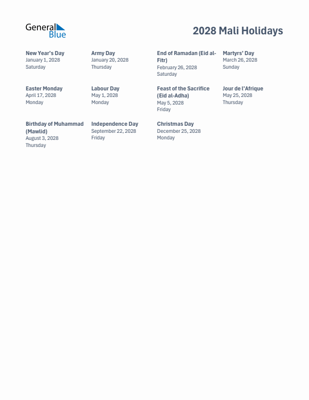 Free printable list of Mali holidays for year 2028
